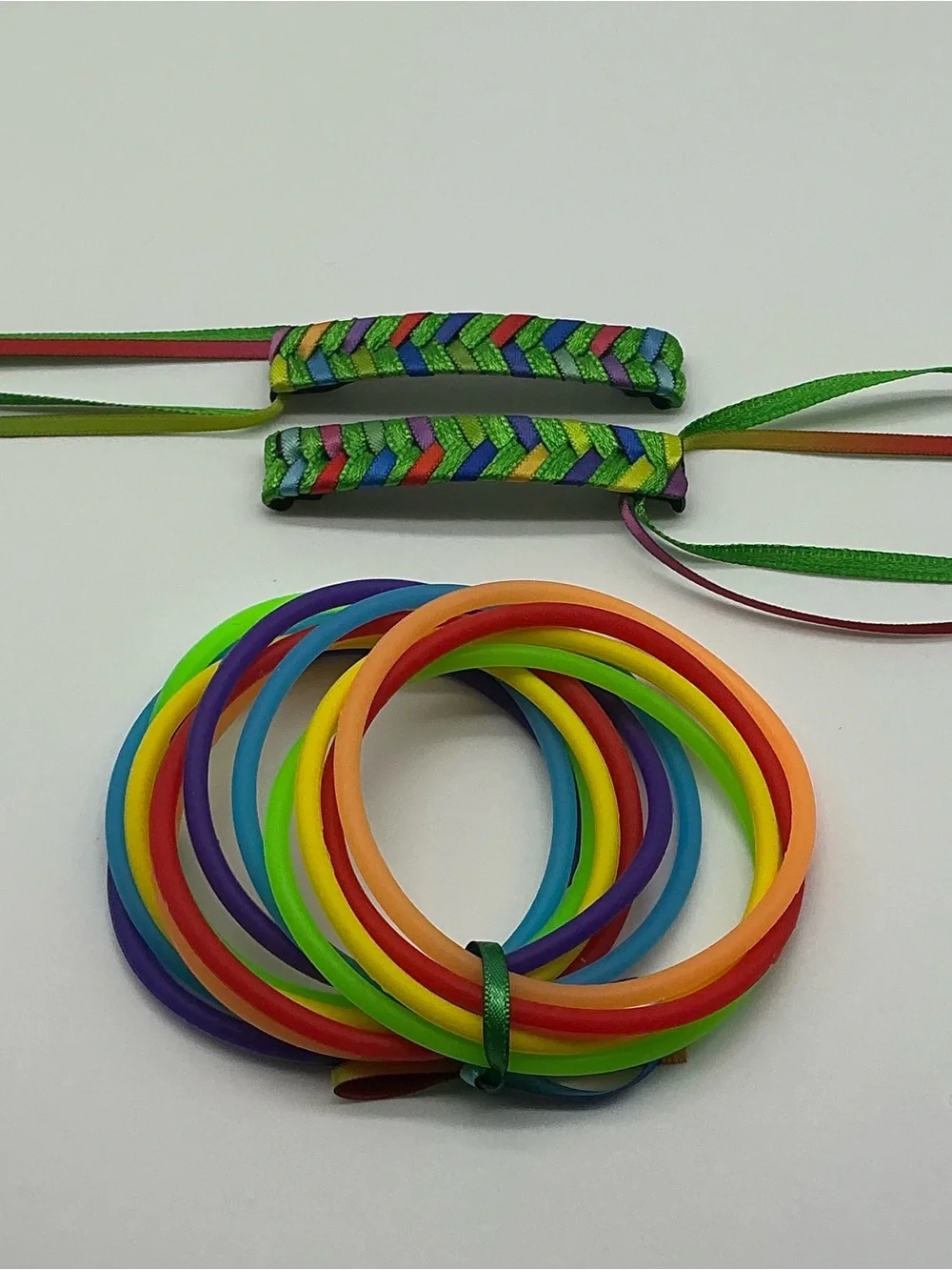 Green and Rainbow 80s Barrettes & 12 Rainbow Jelly Bracelets
